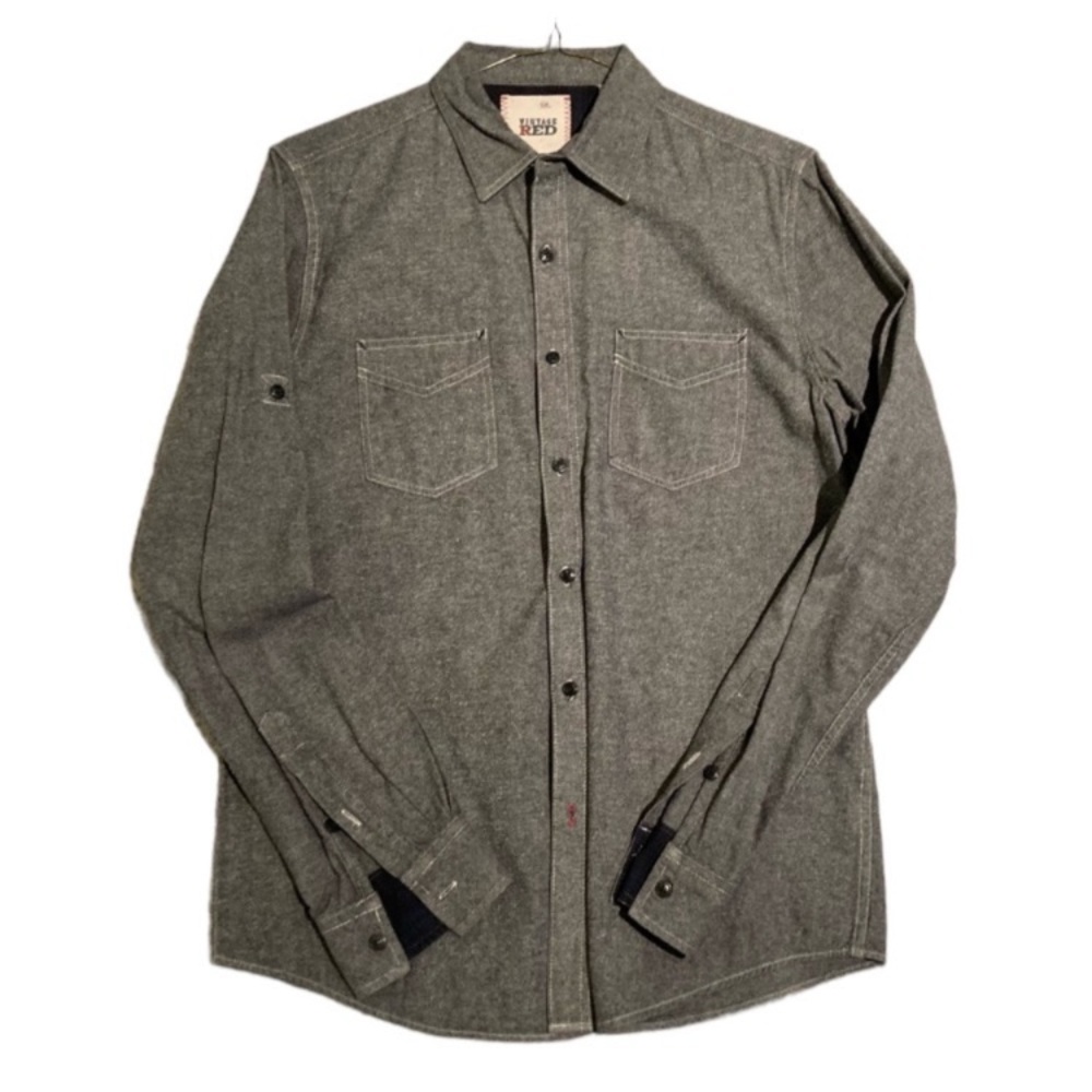 VINTAGE RED Mens Grey Dress Flannel Button Down Shirt
